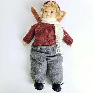 Springford Boy Girl Cloth Doll 13"~Porcelain Head Hands~Wood Snow Skis